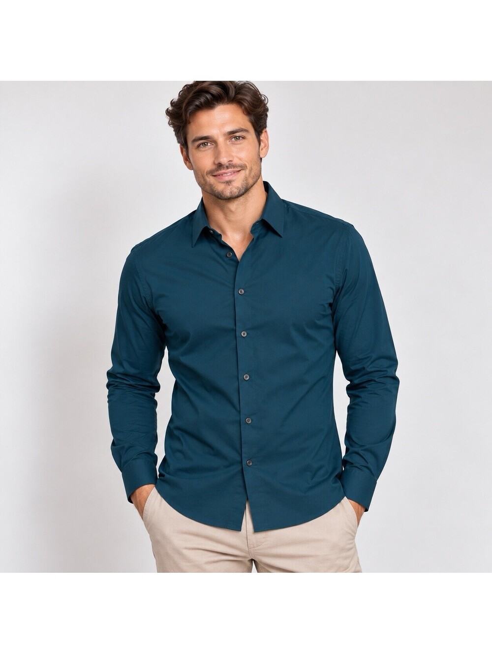 Express 1MX Extra Slim Dress Shirt Men M 15-15.5 Deep Teal Stretch Button Up Y2k